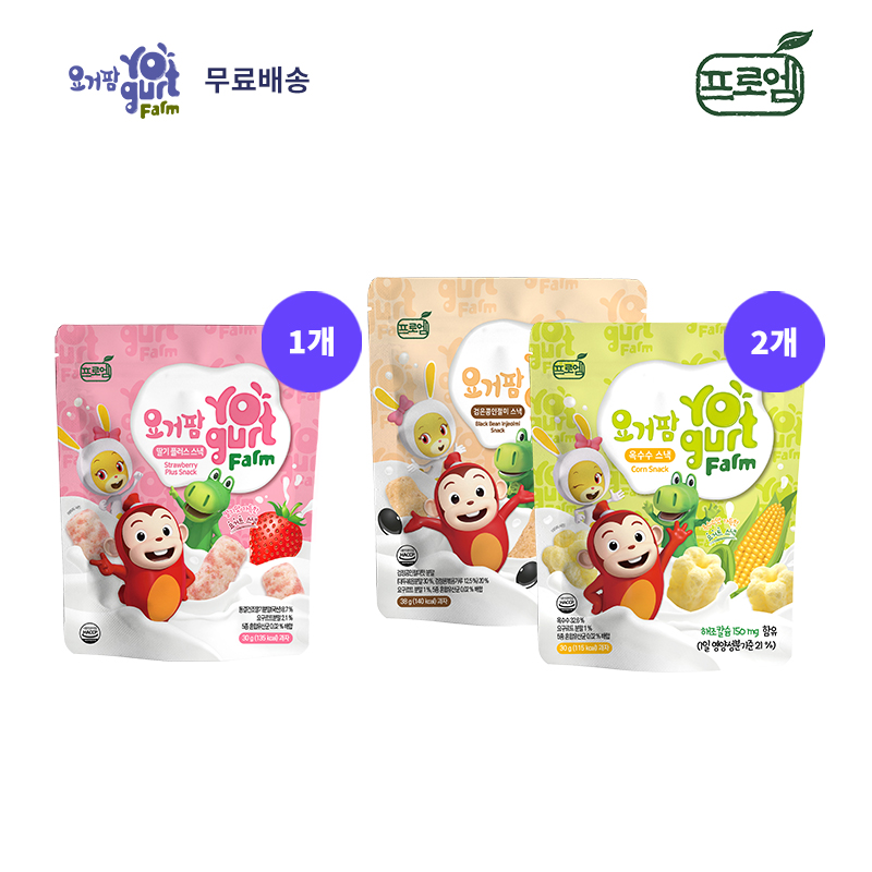 [무료배송] 프로엠 코코몽 요거팜 딸기 플러스 스낵 30g x 1개 + 검은콩인절미 스낵 38g, 옥수수 스낵 30g 각 2개씩 세트 (총 5개)